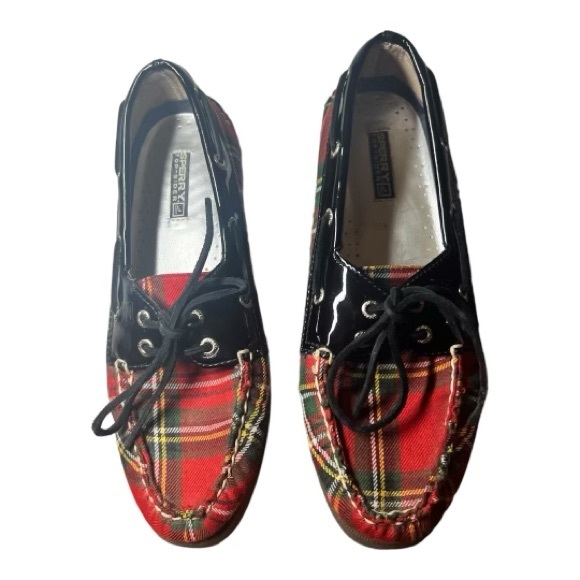 Sperry Women's Red Multi Plaid Tartan Boat Shoes Black Patent Leather 7.5M - Picture 3 of 10